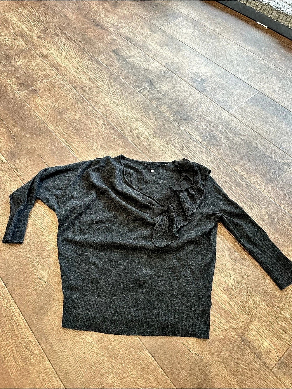 Anthropologie Knitted & Knotted Wool Dark Gray Ruffle Sweater Small